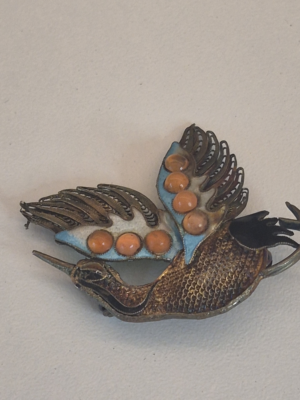 Vintage Bird Enamel Brooch in Blue and Orange, Stamped SILVER